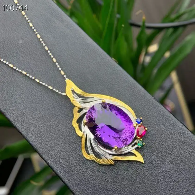Natural Amethyst Pendant 17x22mm 925 Silver Two-tone Plated Handcrafted Art Deco Style Statement Necklace for Women