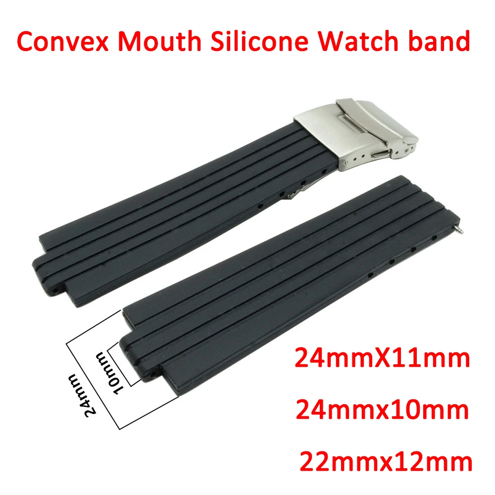 

Convex Mouth Wristband Silicone Rubber Watch Band 24X11mm 24x10mm 22x12mm Stainless Steel Safety Buckle Watch Strap Men Bracelet