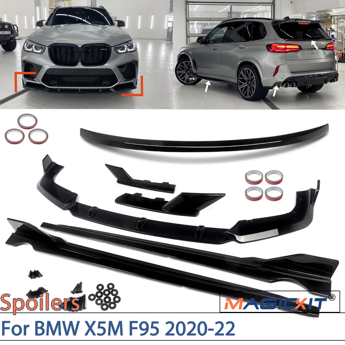 MAGICKIT 6PCS AERO Body Kits Front Splitter Spoiler Rear Diffuser For BMW X5M F95 2020-2022 CAR Accessories Gloss Black