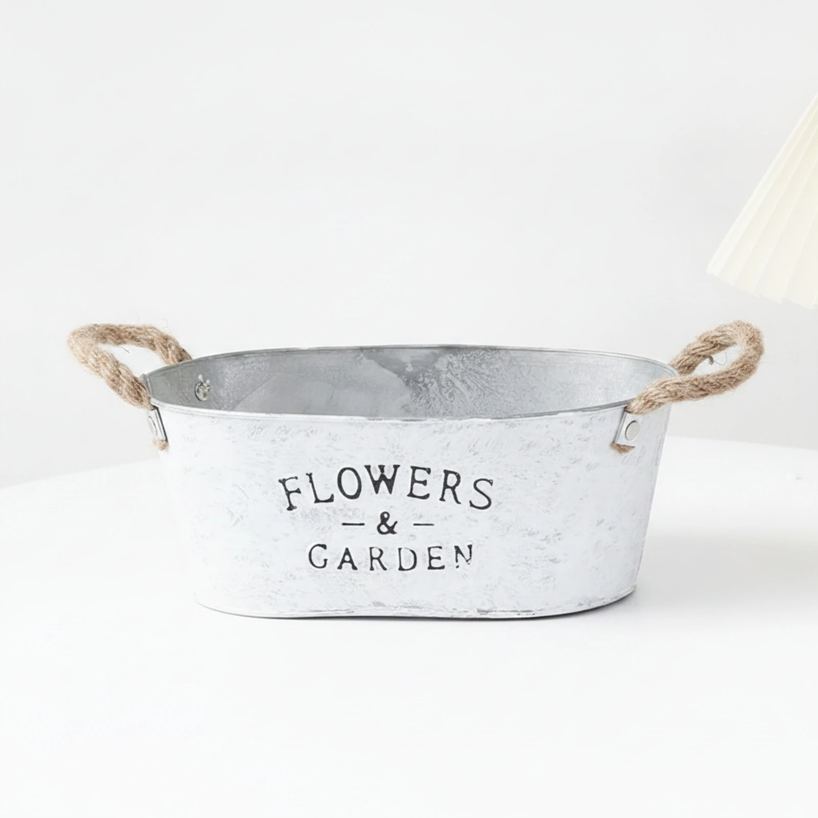 Metal Planter with Rope Handles Farmhouse Planter with Rope Handles Metal Flower Pot Rustic Container Whitewashed