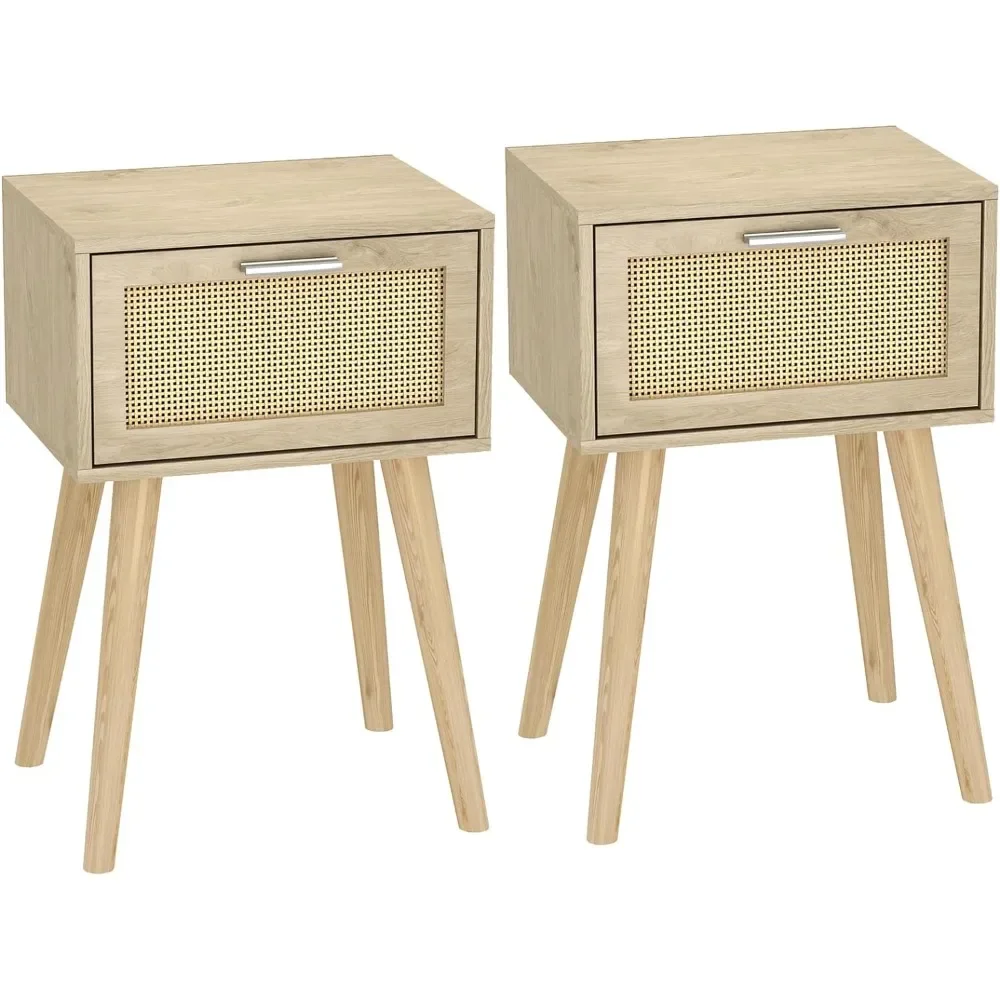 

Bedside Table Set of 2, Boho End Table with Solid Wood Feet for Bedroom and Living Room