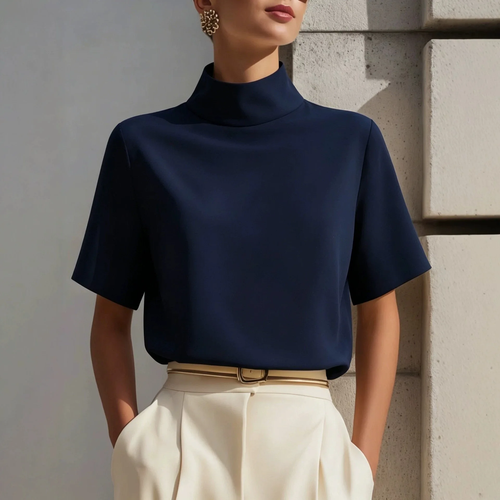 Women's Office-Chic Stand-Up Collar Shirt For Summer Кофточки Женские Модные Tshirt Camisas E Blusas