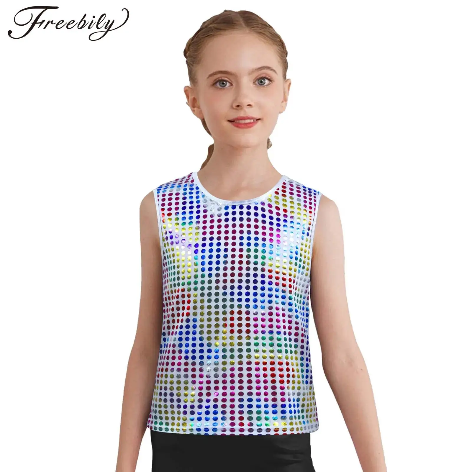 # 100-180 أطفال بنات بنين نقاط معدنية رقص الجاز سترة رقبة مستديرة بلا أكمام تانك القمم التشجيع مرحلة الأداء زي #1