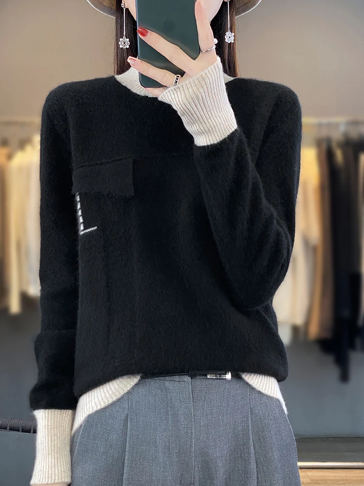 2024 New Spring Autumn Women Cashmere Sweater 100% Merino Wool Knitted  Mock Neck Pullover Color Contrast Soft Long-Sleeved  Top