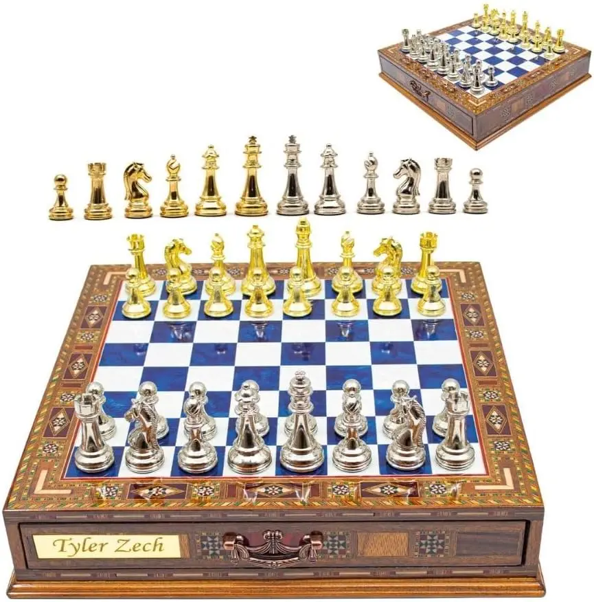 Handmade Chess Set with Drawer, Wooden Adult Chess Board with Storage, Premium Chess Set (32x32 Cm, Blue)