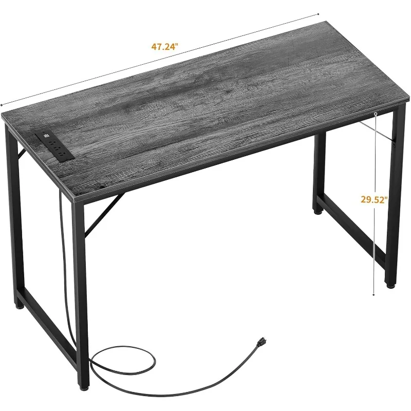 47.2 Inch Computer Desk with Magic Power Outlets, Modern Office Desk with USB Charging Ports, Sturdy Student Writing Desk