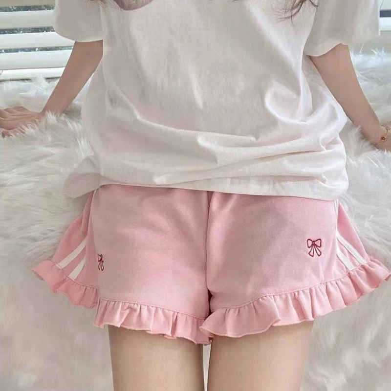 Embroidery Shorts Women Summer Sweet Students Bow Elastic Waist Fungus Side Baggy Casual All-match Simple Korean Style Trendy