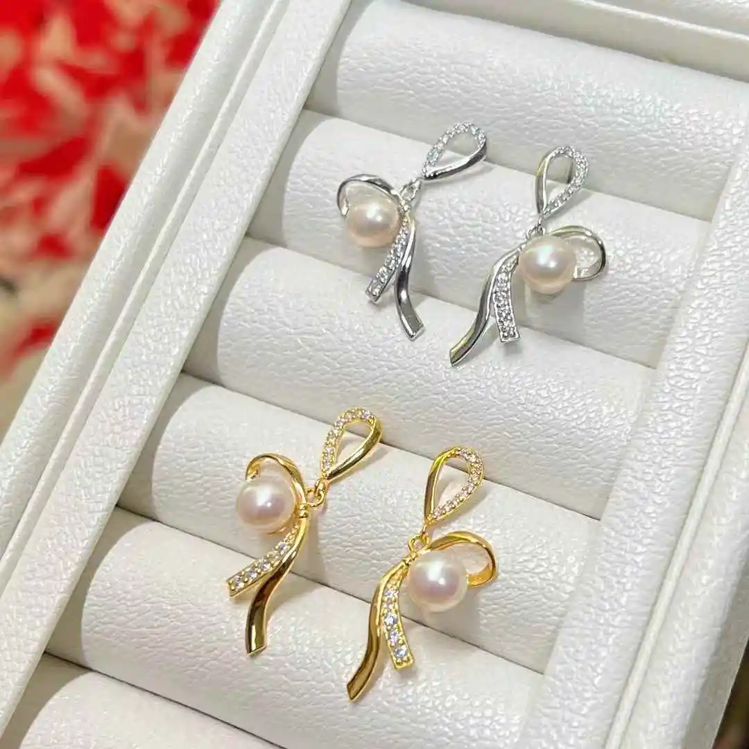 

S925 Silver Bow Earrings with 6-7MM Natural Freshwater Bread Pearl Stud High Quality New Release for Goddess