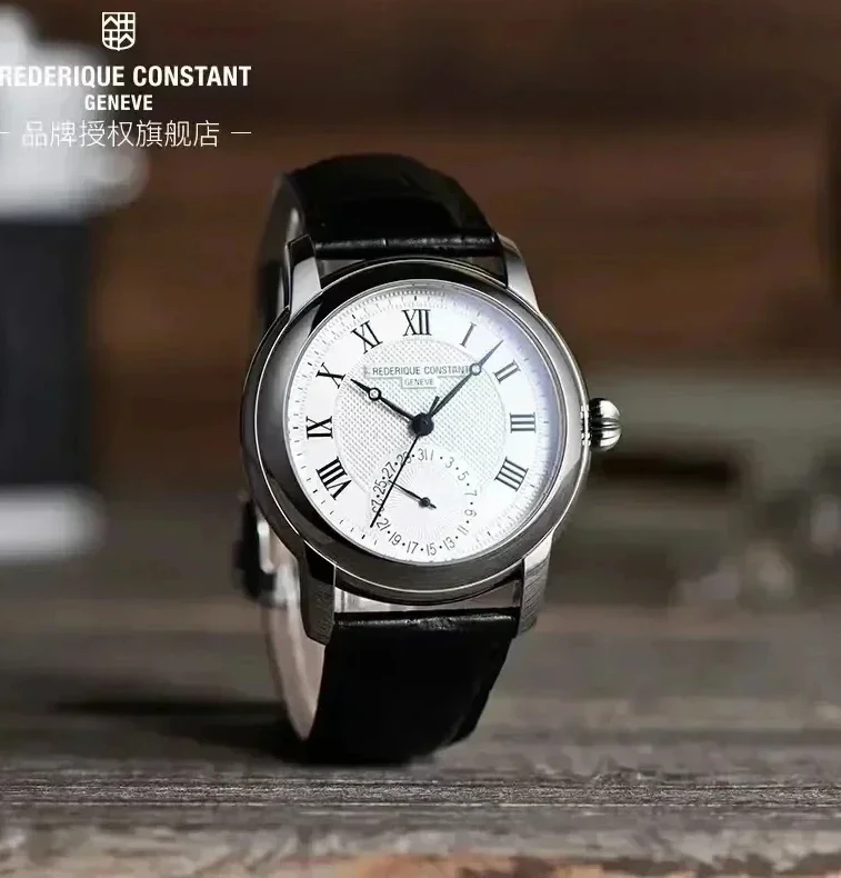 Men Luxury Minimalist Watch Frederique Constant Casual Automatic Small 24hour Scale Dial Premium Leather Strap, Quartz Movement