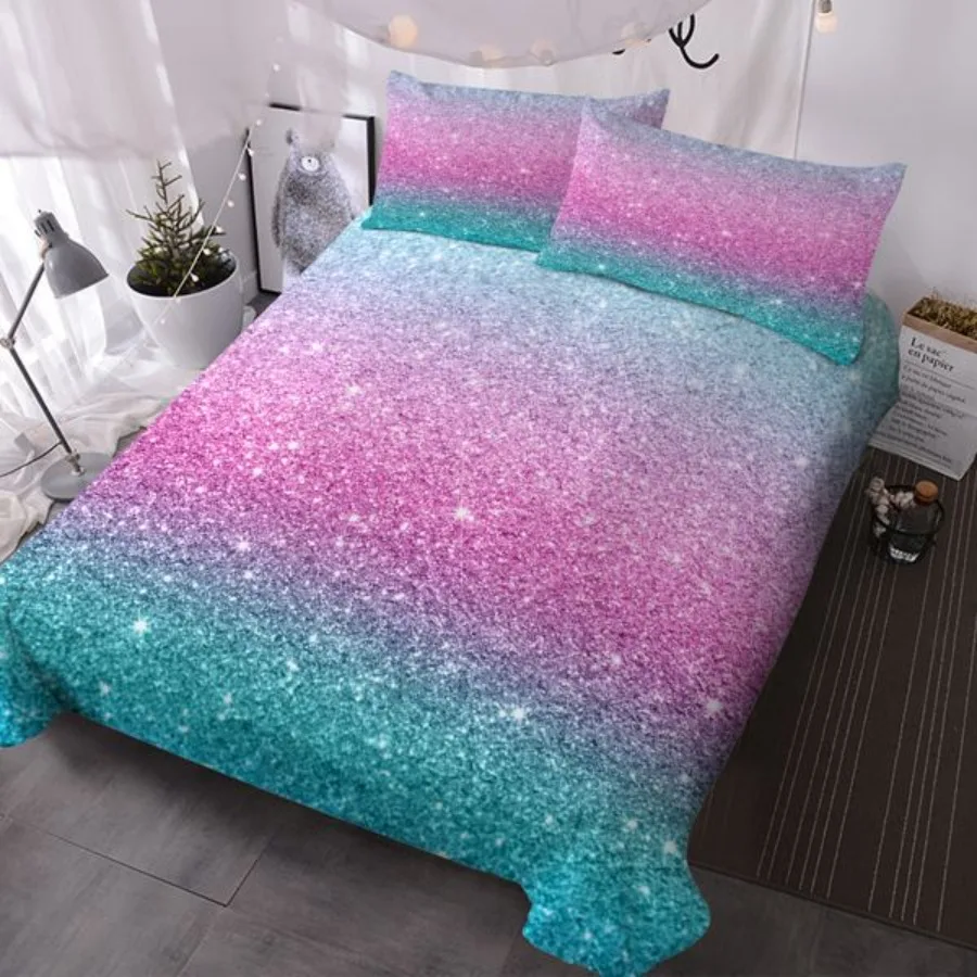 

Colorful Glitter Bedding Girly Turquoise Blue Pink and Purple Pastel Colors Duvet Cover 3 Piece Trendy Bed Spreads Queen Size C