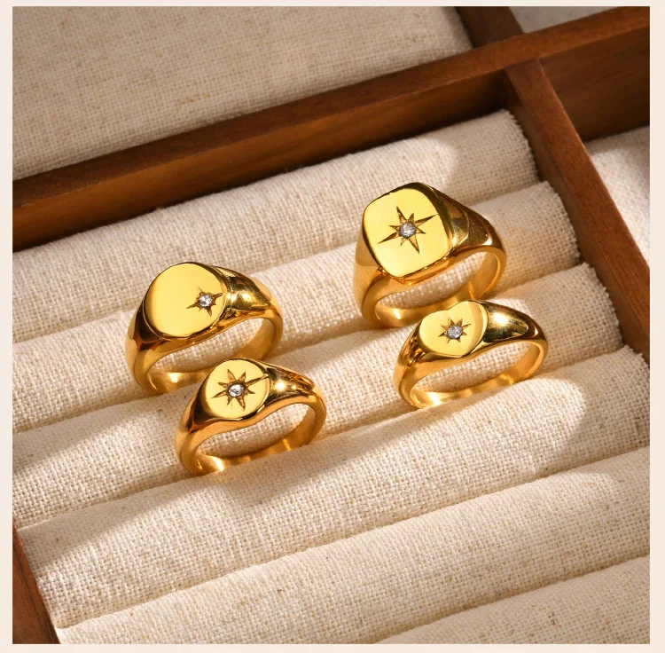 Sunshine Signet Pinky Ring aus Edelstahl, Zirkonia-Inlay-Ring vergoldet, nicht anlaufender Modeschmuck – Detail 5