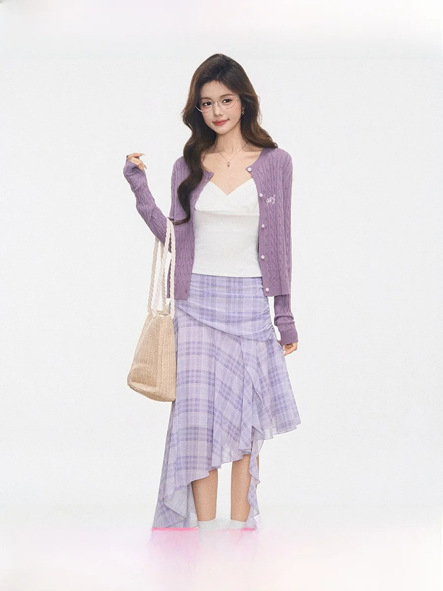 

Westayone Women's Knitted Cardigan Sweater Spring New Arrival Plaid Skirt Set Casual Sle Breathable Lightweight Long Sve