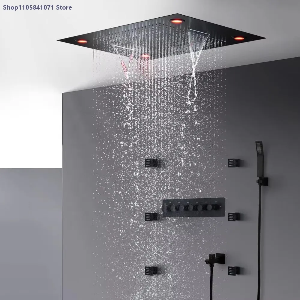 Matte Black Rainfall Waterfall Shower Head Set Thermostatic LED Horizontal Spray Multi-Function Bathroom Shower System