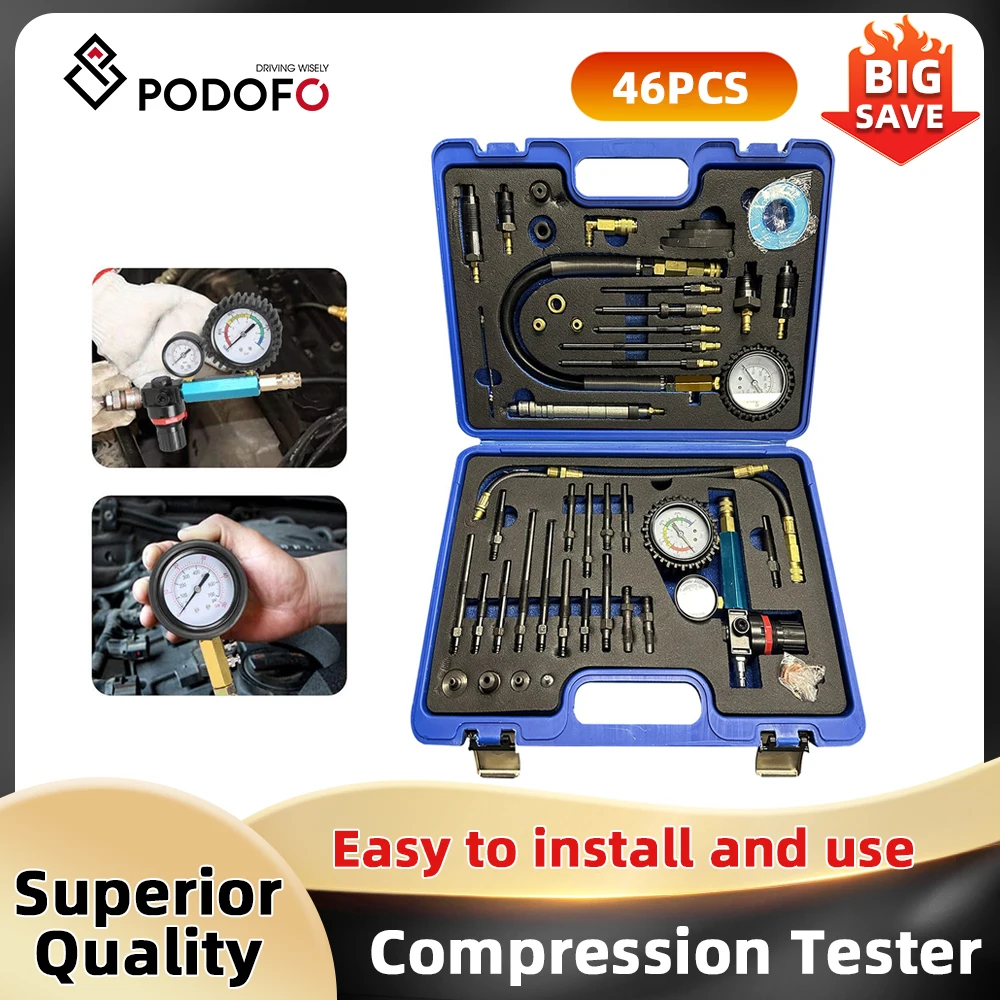 Podofo Tester di compressione 46 pezzi Tester di perdita di pressione Tester del motore per BMW Chrysler Fiat Ford Hyundai Strumenti di pressione per auto