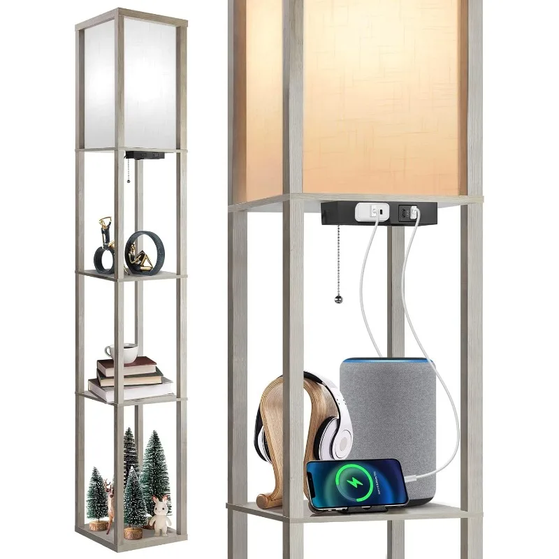 Floor Lamp with Shelves,  1USB & 1 Type C Ports, 1 Power Outlet, Modern Standing Lamp with 4 Color Temperature