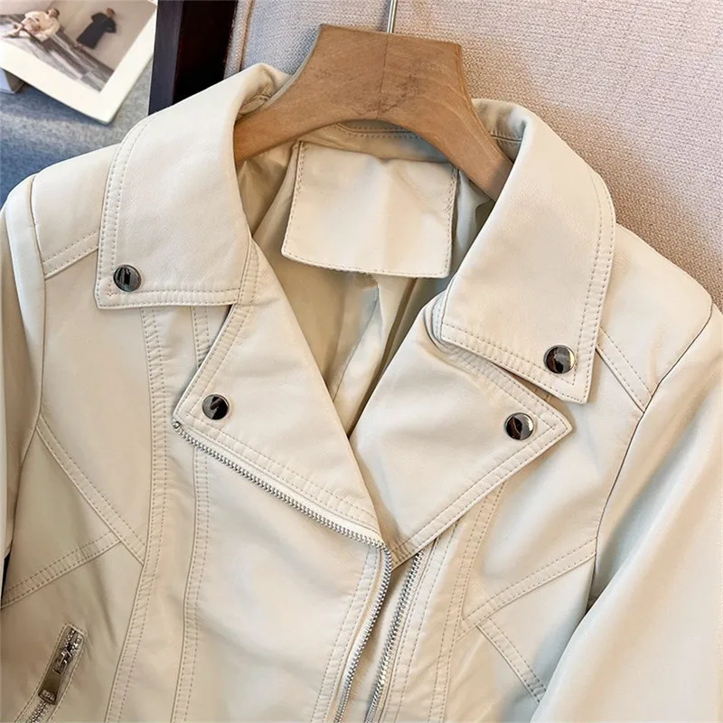 Spring Autumn Coffee Color Beige Black Slim Short Faux Pu Leather Jacket Lapel Zipper Long Sleeve Women Biker Jacket Streetwear