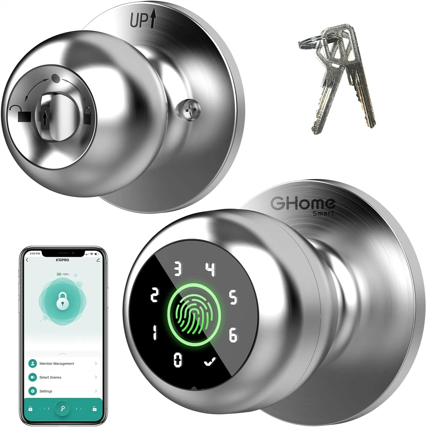 

Smart Fingerprint Door Lock, 4 in 1 Keyless Entry Door Knob with Keypad, App Control, Auto Lock for Bedroom, Apartment, Garage