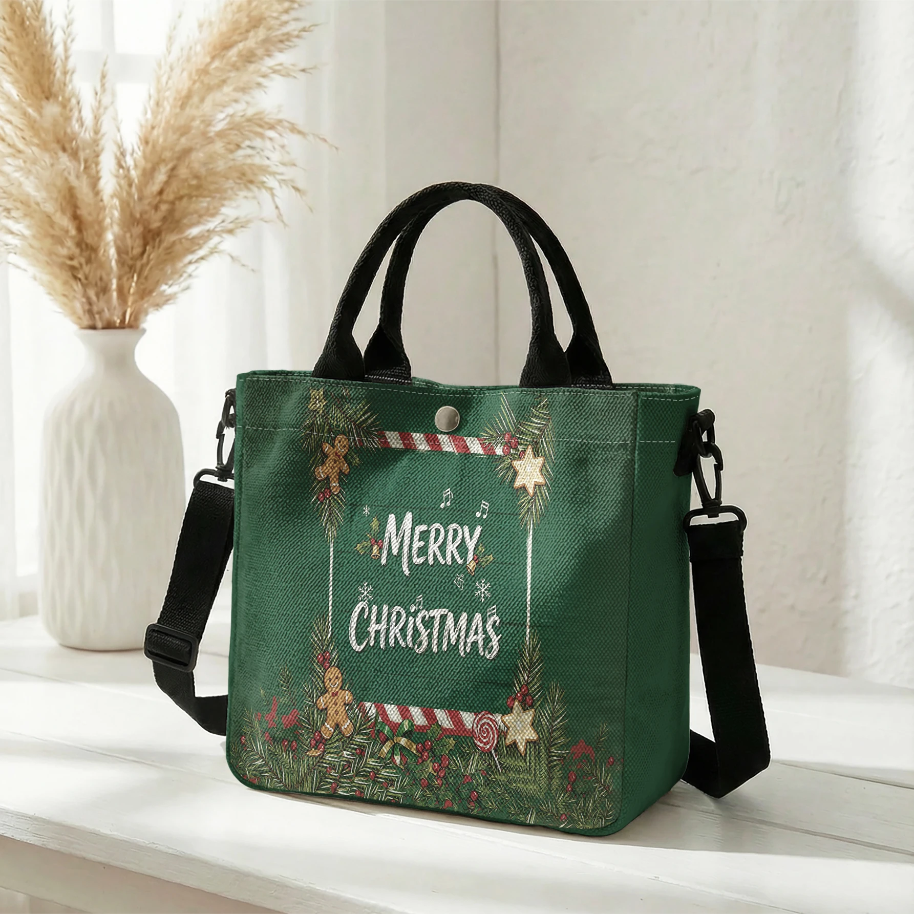 Merry Christmas Gingerbread Pine Branch Print Tote Bag, Detachable Strap Crossbody Handbag For Daily Work Shopping