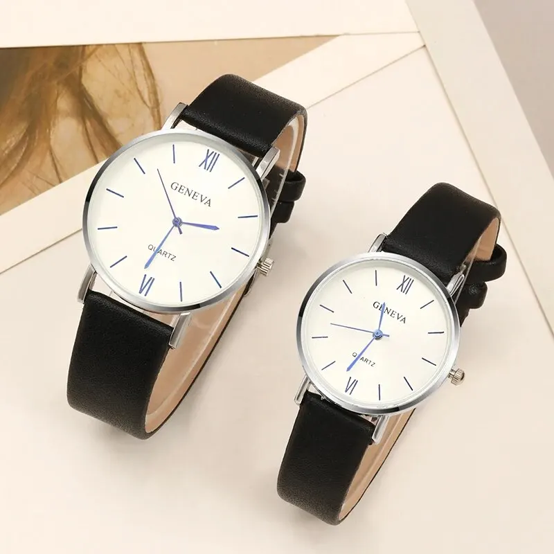 2PCS Set Couple Fashion Casual Black Leather Watches Ladies Simple Dial Quartz Wristwatches Dress Clock Montre Femme