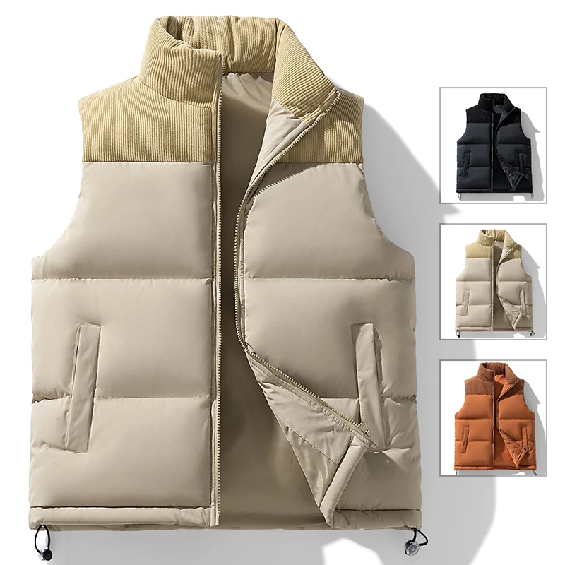 

Autumn Winter Men Fashion Warm Puffer Vest Jacket Corduroy Patchwork Cotton Padded Vest Men's Waistcoat Vests Sleeveless Jacket