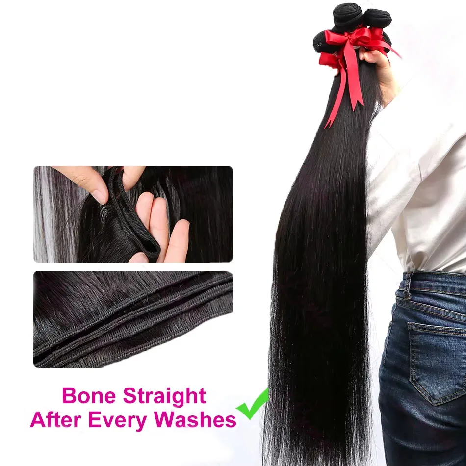 Прямой пучок человеческих волос Mossily Bone, 100% необработанные бразильские волосы Remy 30, 32 дюйма, 3/4 пучка, наращивание волос Remy, двойной уток