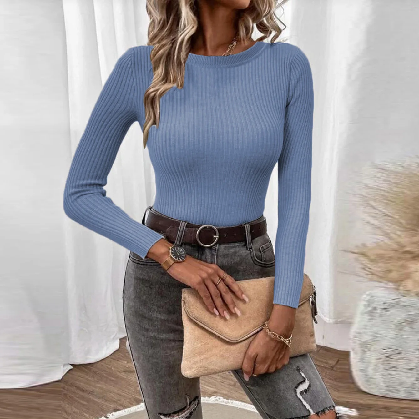 Nuevo jersey de punto con cuello redondo para mujer