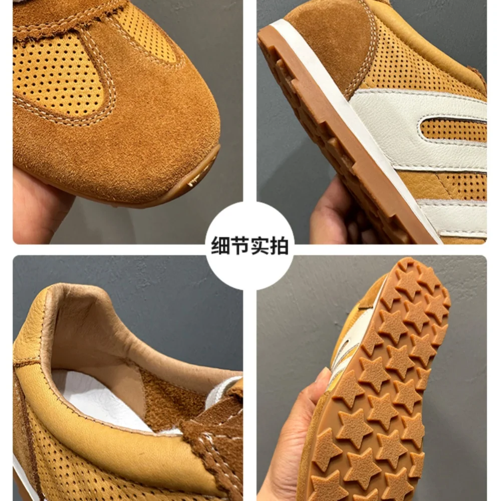 أحذية رياضية مثقوبة جديدة من الجلد قابلة للتنفس، أحذية كاجوال متعددة الاستخدامات من جلد البقر الناعم، أحذية DeTain بنعل ناعم منخفض