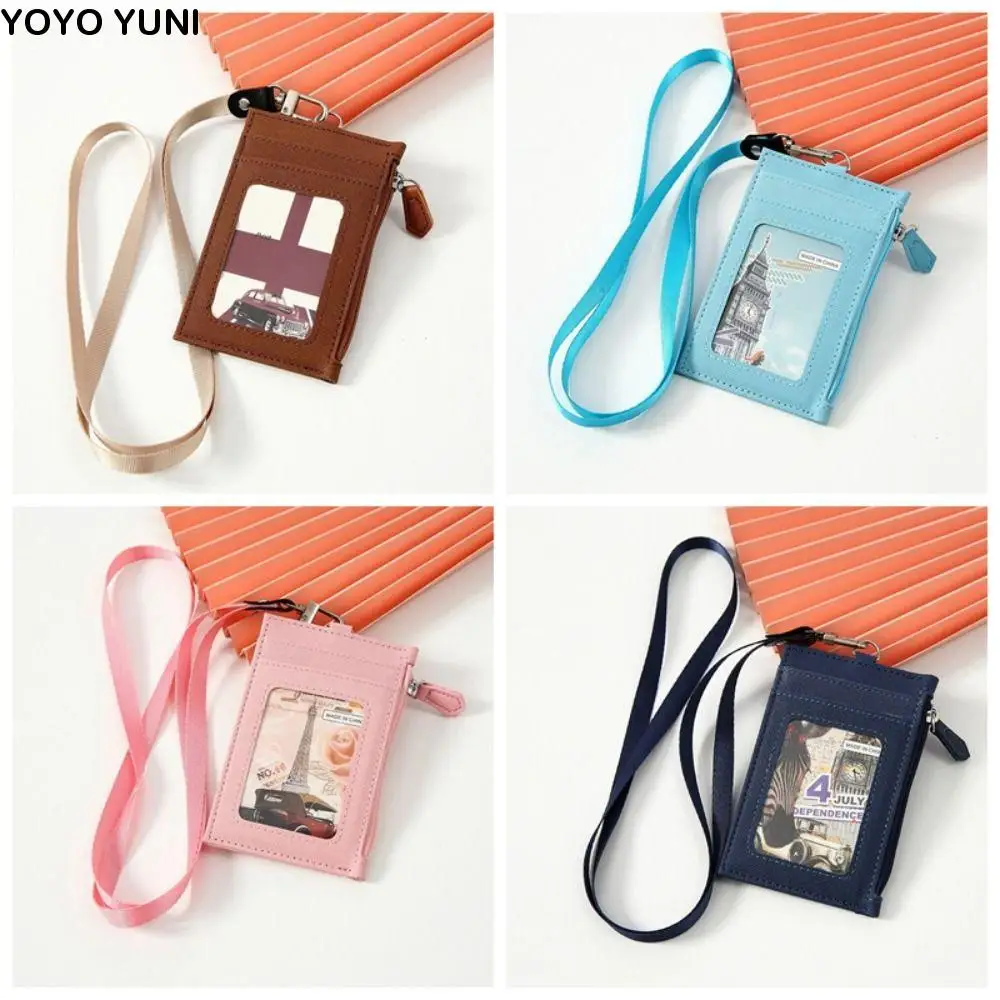 

PU Leather Card Badge Holder Neck Lanyard Coin Purse Student Card Bag Work Business Zipper Pocket ID Card Holder Office Supplies