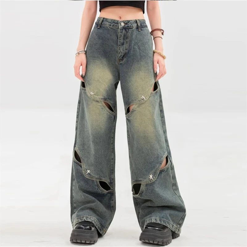 

new spring autumn fashion casual brand female women girls high street hole wide leg jeans