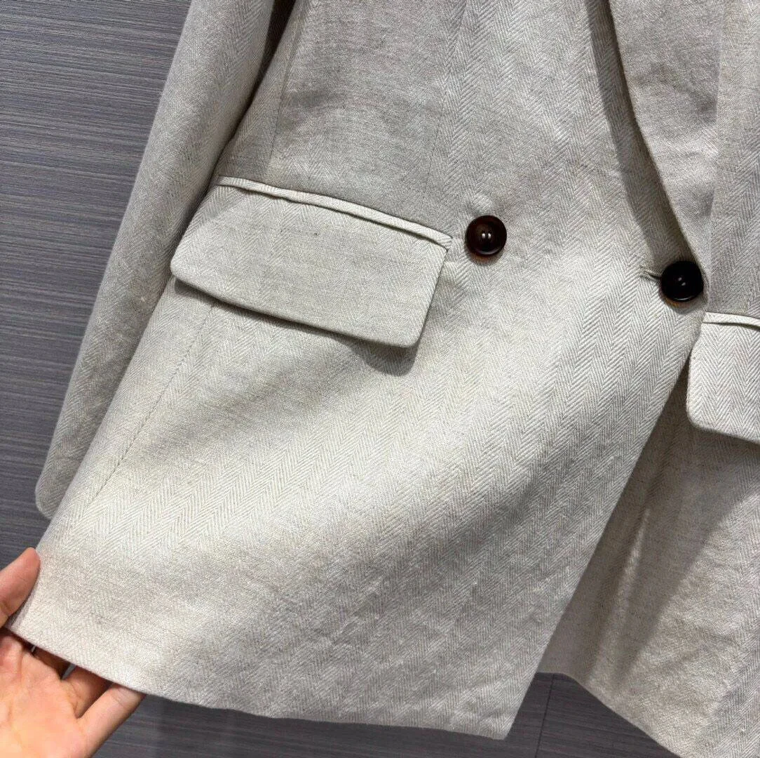 2024 New Autumn Fashion Casual Blazer Suit Women Notched Double Breasted Long Sleeve Beige Color Cotton Linen Casual Slim Jacket