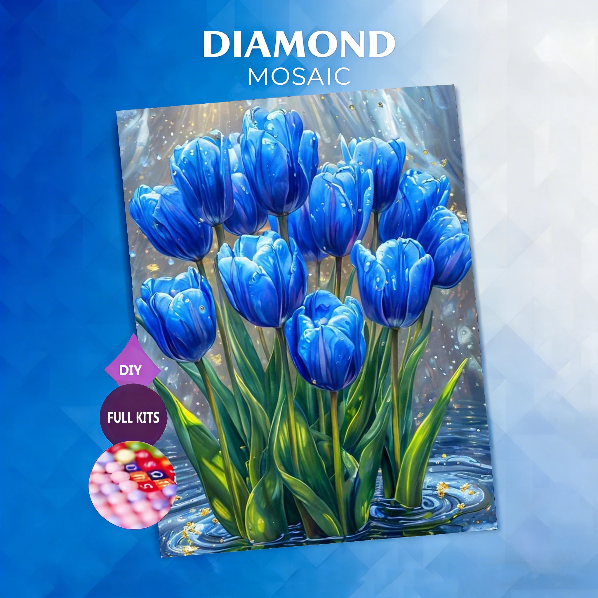 AZQSD Diamant-Gemälde mit Blumenmotiv, blau, vollständig mit Diamanten besetzt, Mosaik-Blumenbild aus Strass, Heimdekoration, Kunsthandwerk