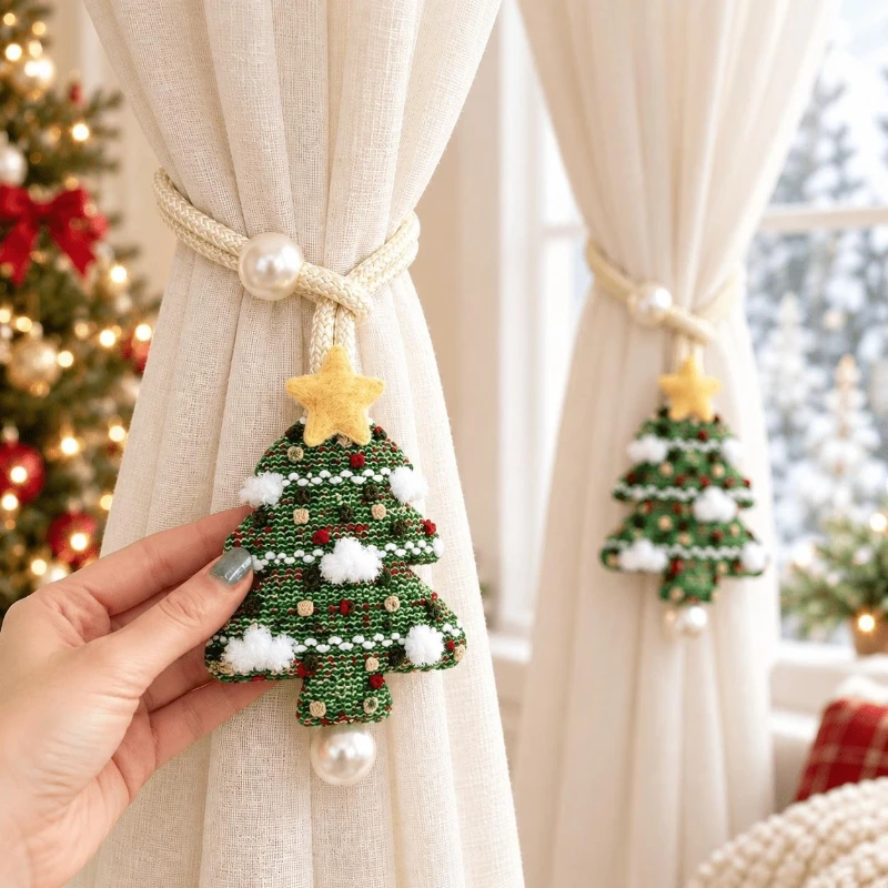 Christmas Tree Curtain Tieback Hand Knitted Pearl Drapery Tie Buckle Xmas Home Window Sheer Curtain Decor Ornament
