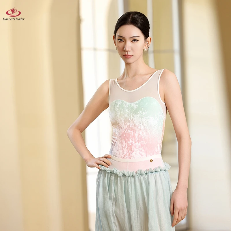 

Ballet Gymnastics Uniform, Adult Slim Fit Women's Practice Uniform, Blended Mesh Patchwork Suit, Velvet Practice Uniform