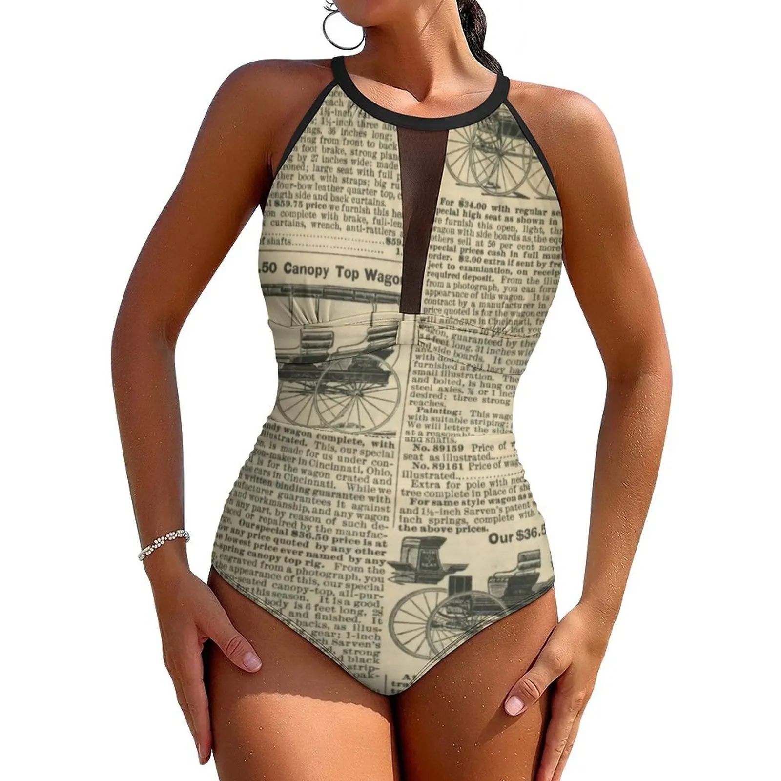 Retro Newspaper Swimsuit Sexy Digital Print Women Swimwear One-Piece Trendy Bodysuit Beach Push Up Sleeveless Beach Wear