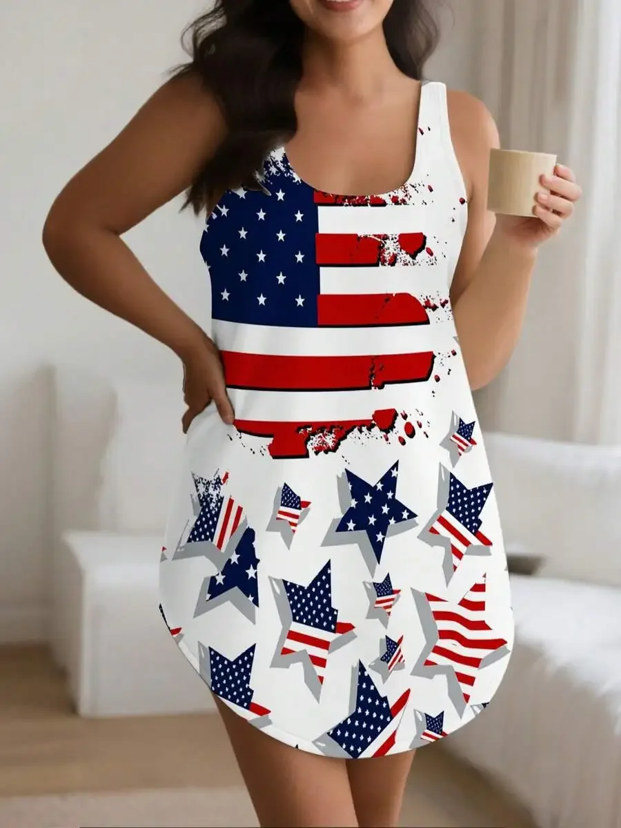 Women Plus Size Sleeveless American Flag Print Loose Fit Summer Dress Casual Loungewear