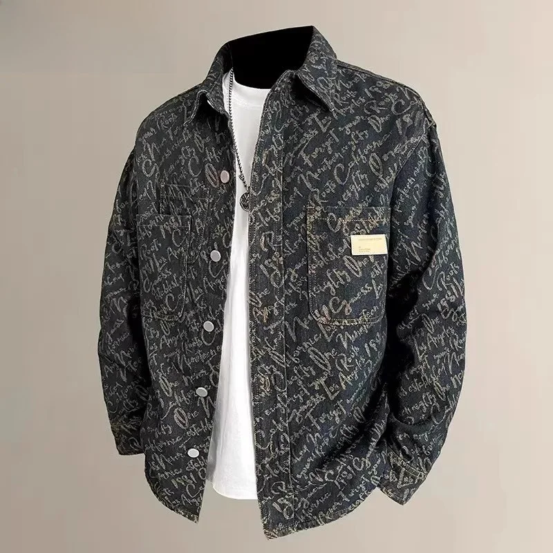 

Large Size Flannel Casual irt Autumn Winter High End Embroidery Waed Denim Collar Jaet Thiened Polyester for Men