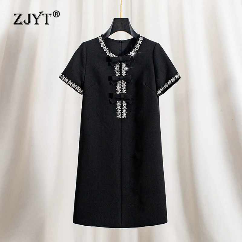 

ZJYT Luxury Beading Bowknot Black Dress Women Summer Fashion Short Sleeve Loose Waist Dinner Party Dresses Elegant Vestidos Robe