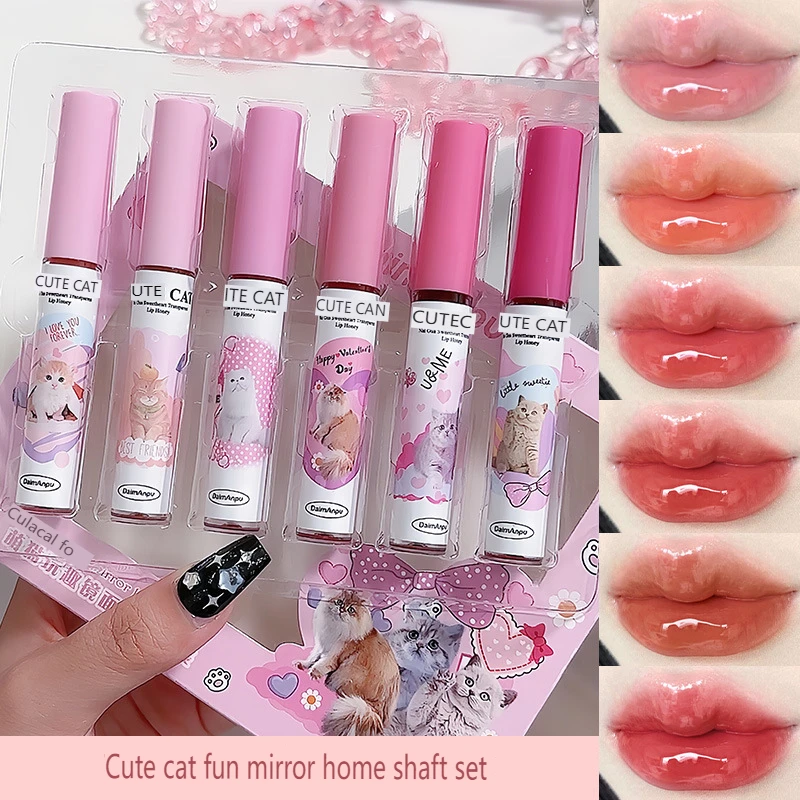 Espelho Lip Glaze Set, Hidratante, Nutritivo Lip Gloss, Batom Água, Brilhante e Brilhante, Maquiagem dos Olhos, Acessível, 6 Cores