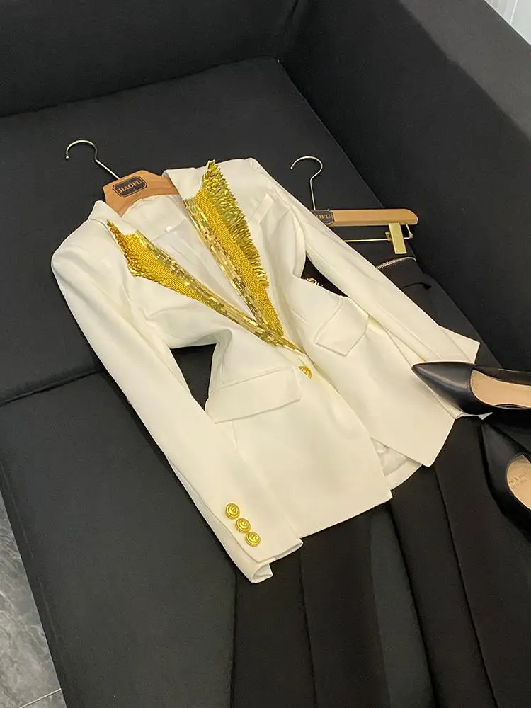 

2025 New Heavy Metal Bead Embellied Single Button Slim Fit Suit Jaet Faionable Star Sle A840 Commute Wind Long Sve