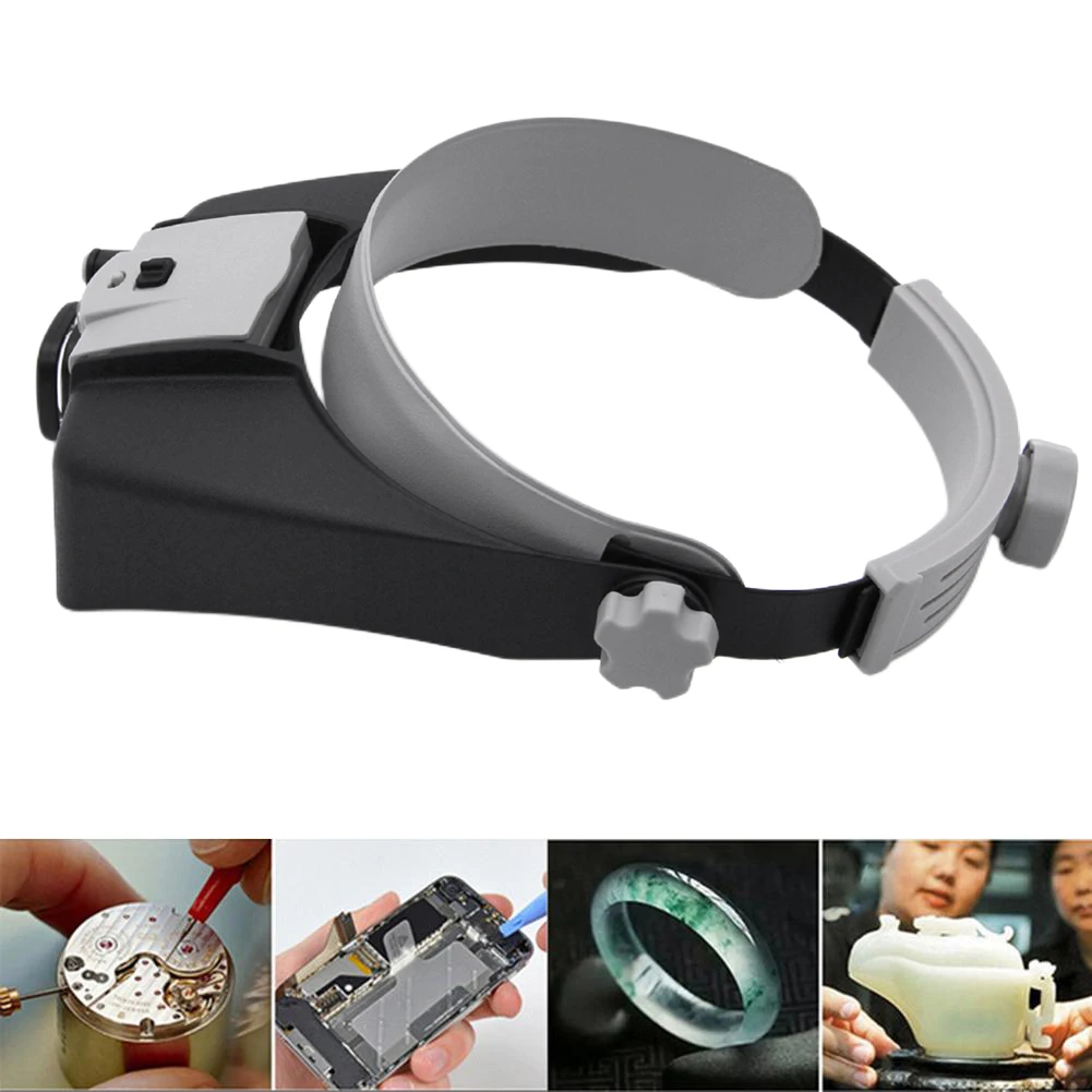 Headband Magnifier with 2 LED Light Head Magnifying Glass 1.5X 1.5X 6X 8X Loupe Multifunctional for Reading Jewelry Watch Repair