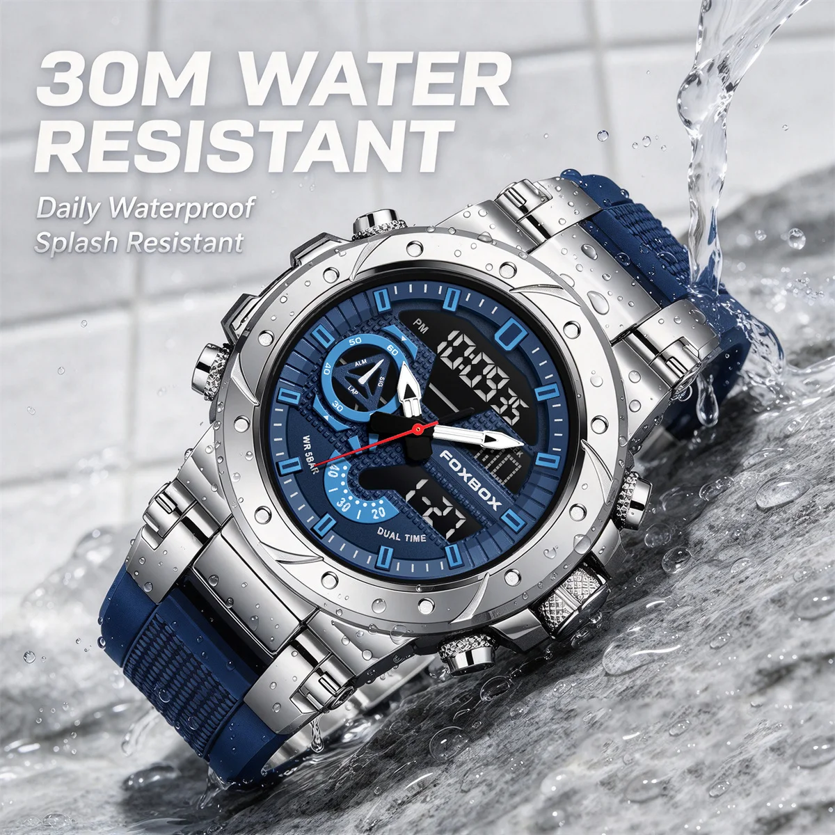FOXBOX Men Watch Sport Quartz Watches LED Display Shock Resistant 30M Waterproof Alarm Clock Analog Digitals For