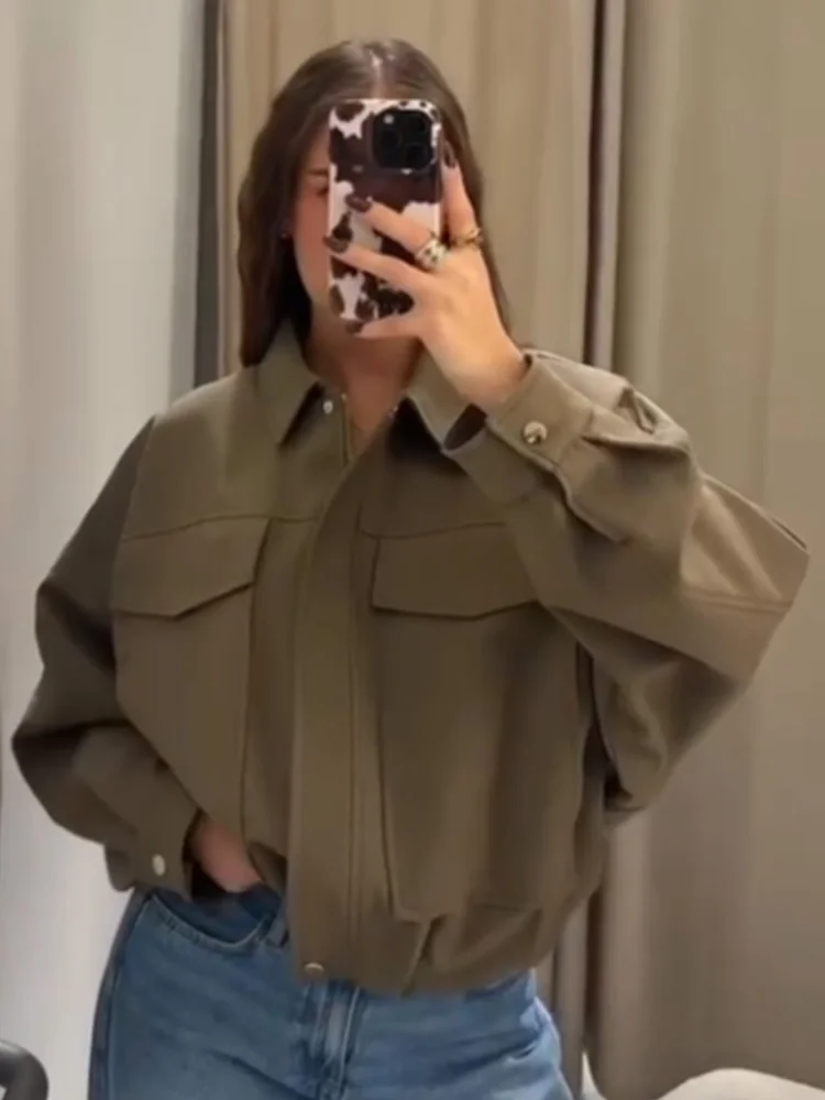 

HH Woman Autumn Pleat Hem Pilot Jacket Solid Army Green Lapel Zipper Single-Breasted Woman Fashion Long-Sleeved Pockets Coat