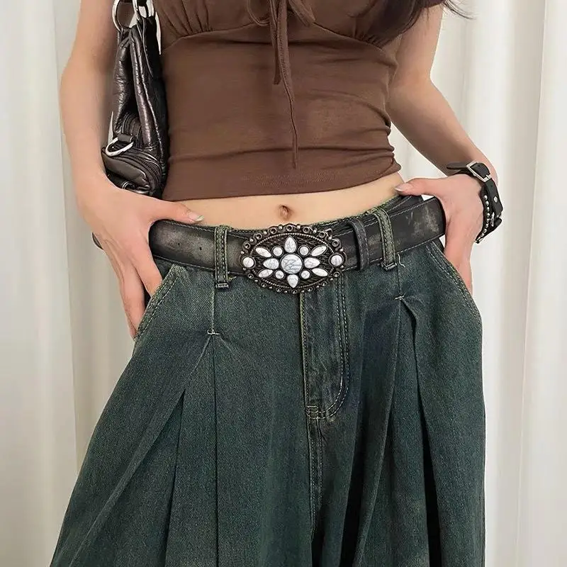 Vintage White Stone Buckle Belt Engraved Flower Embossed Leather Belt Boho Western Belt For Jeans