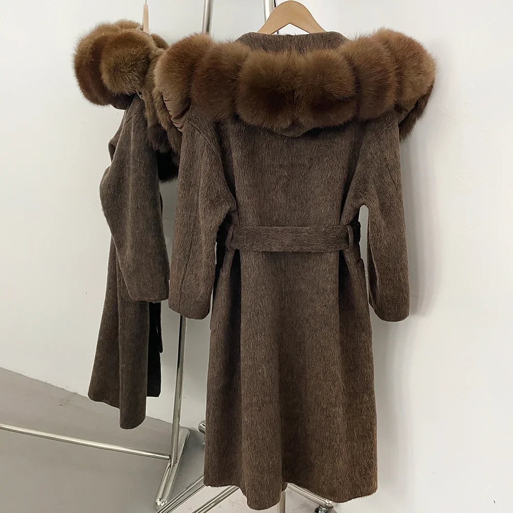 OFTBUY Neue Winterkleidung für Damen, Langer Mantel mit Kapuze aus 100% Wolle mit Echtfuchs-Pelzbesatz, Luxuriöse Lose Natürliche Pelz-Wolljacke für Damen – Detail 8