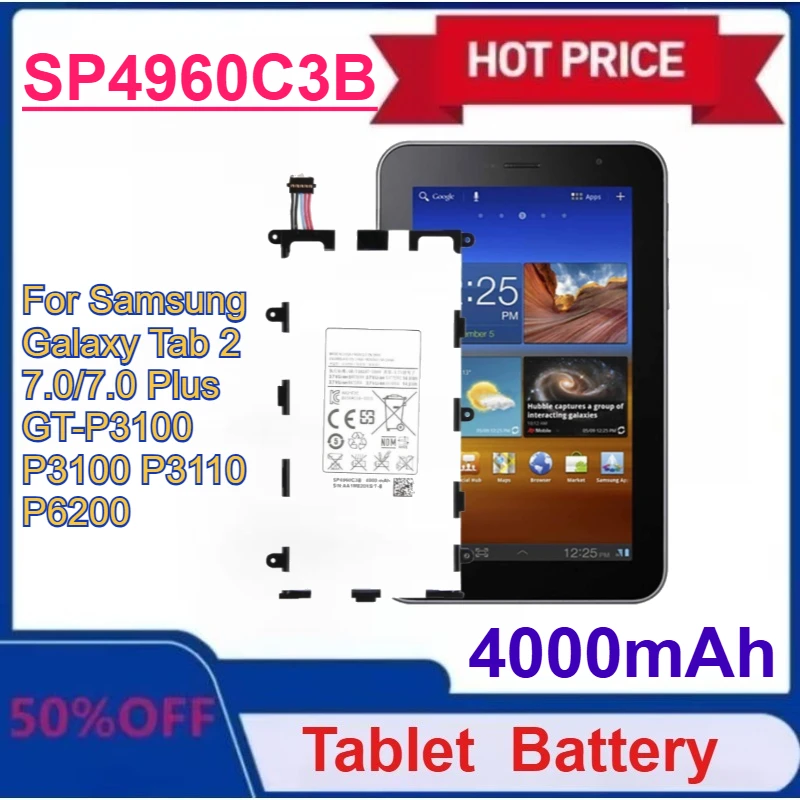 

New Tablet SP4960C3B Battery 4000mAh For Samsung Galaxy Tab 2 7.0/7.0 Plus GT-P3100 P3100 P3110 P6200 with tools