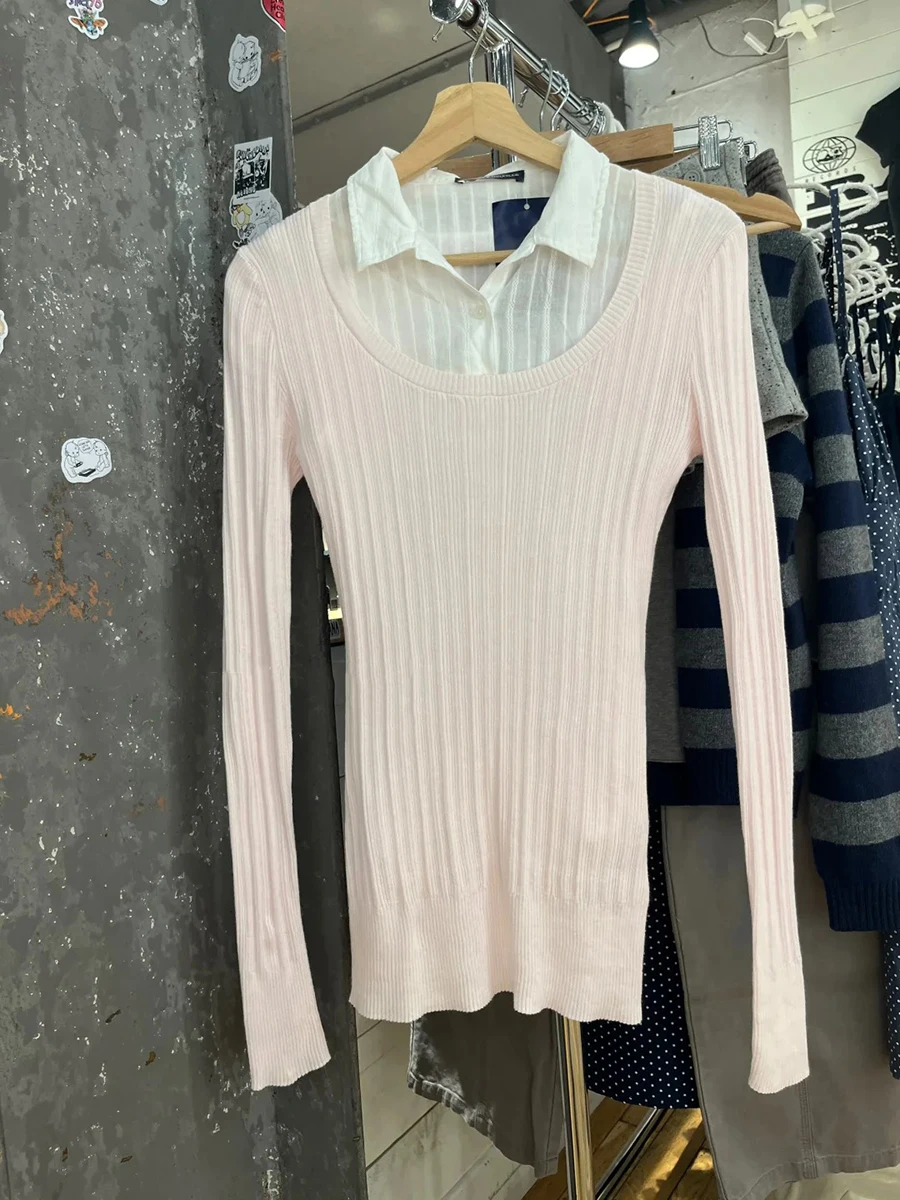 

Милые розовые вязаные тонкие футболки с длинными рукавами, женские осенние новые модные хлопковые мягкие футболки с U-образным вырезом, повседневная футболка в консервативном стиле, топ Y2K