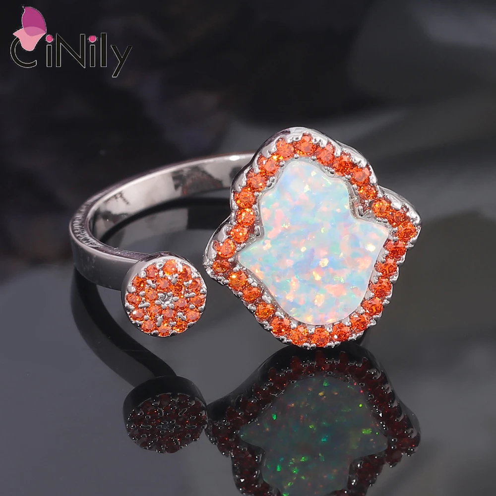 CiNily Flame Shape White Fire Opal Rings with Orange Garnet Silver Plated for Women Fashion Jewelry Ajustable Ring Size 7-9