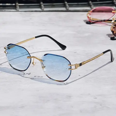 Blue Sunglasses Frameless Rimless Men 2021 High Quality Square Metal Sun Glasses Women Mirror Sea Summer Style