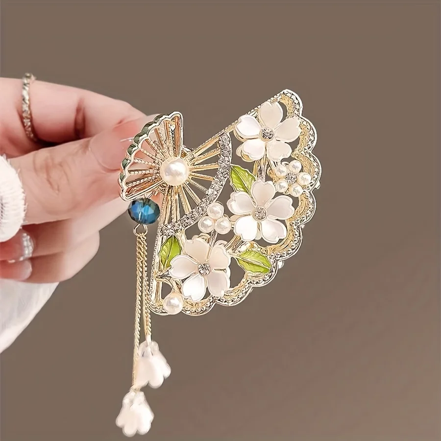 Lily Of The Valley Flower Fan Shaped Hair Grab Clip With Tassel Glitter Rhinestone Faux Pearl Decorative Hair Clip