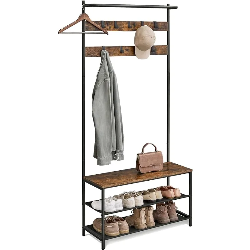 VASAGLE Coat Rack with Shoe Storage, Hall Tree,Coat Stand with Shoe Bench for Hallway,9 Movable Hooks,Top Bar,Bedroom,Industrial